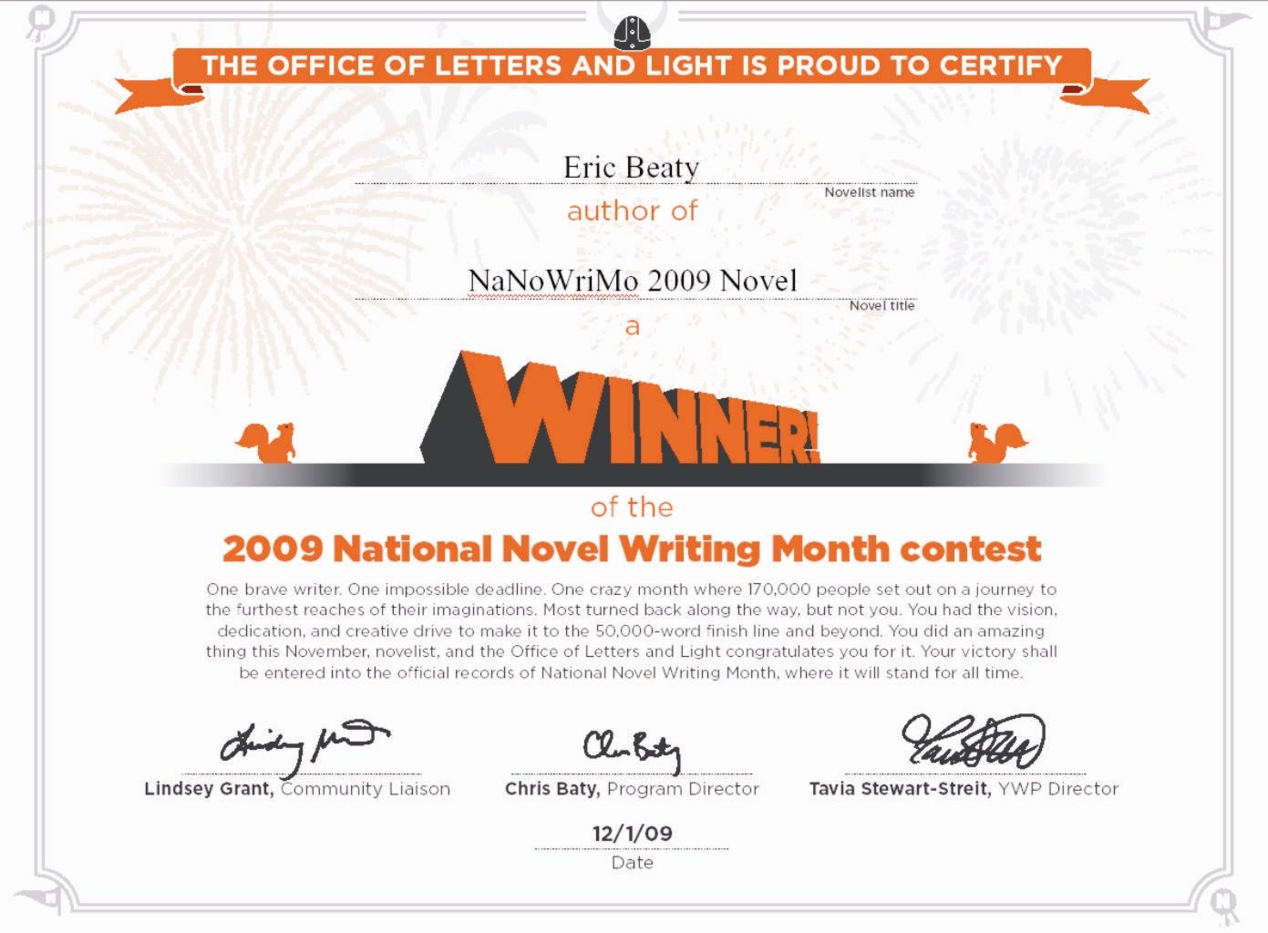 NaNoWriMo 2009 Winner's Certificate